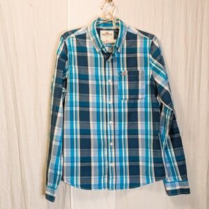 Hollister Plaid Button Down Shirt Turquoise, Navy & White Classic Size Large
